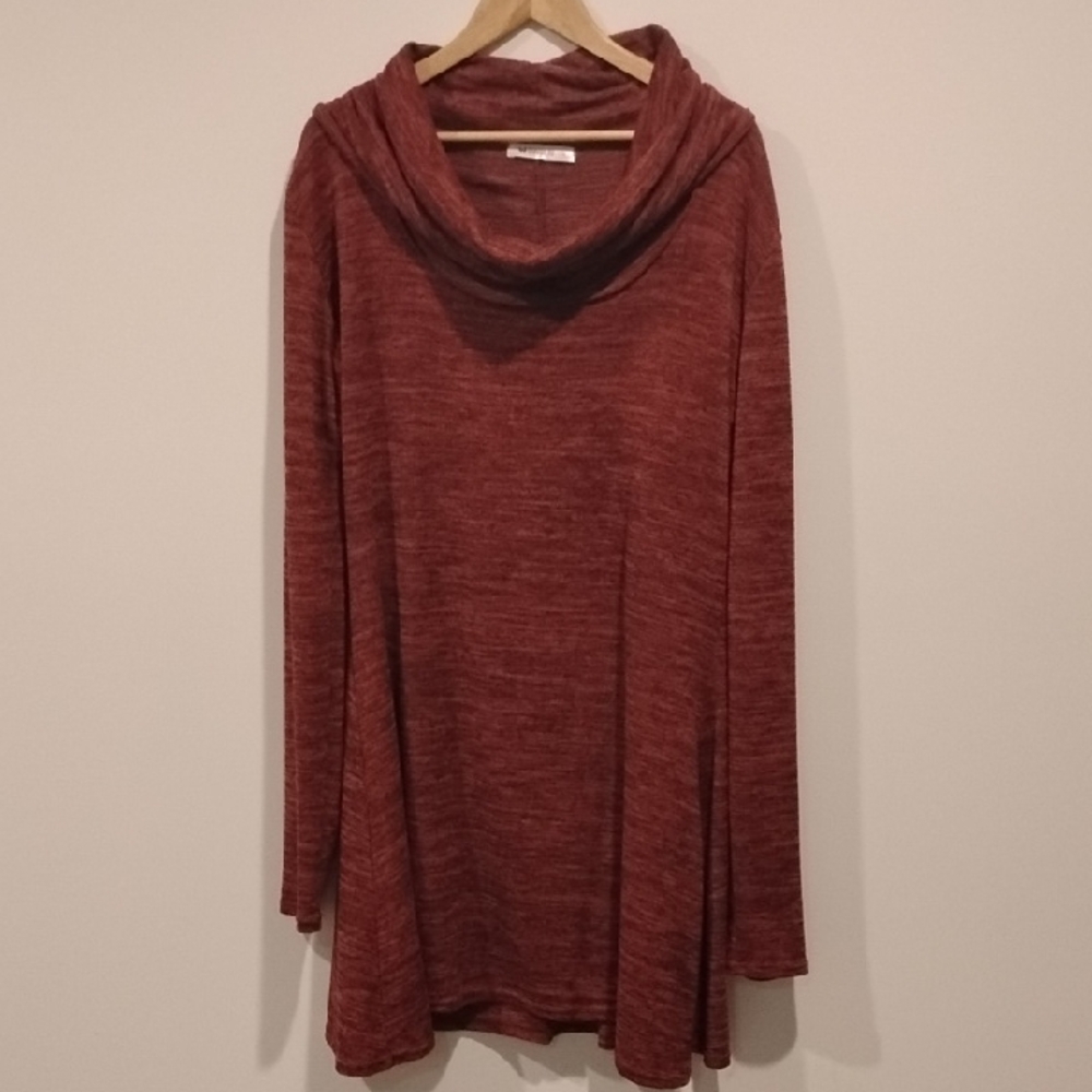 Women 3X Doublju Heathered Burgundy Cowl Neck Tunic Top Sweater Flared A-Line
